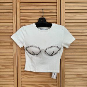NWT AREA CRYSTAL BUSTIER CUP TEE - WHITE